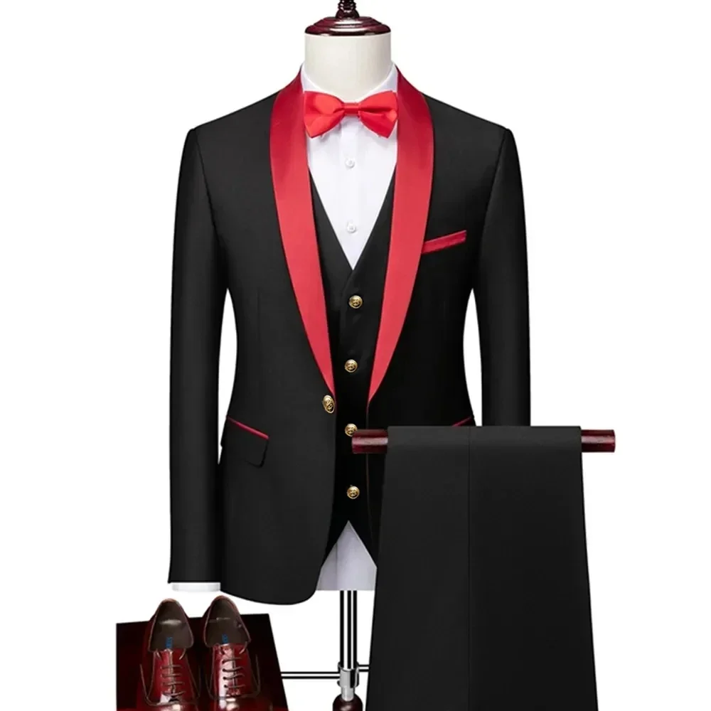 Formal Black Red Suits for Men 3 Pieces Jacket Pants Vest Shawl Lapel Blazers Sets Wedding Party Banquet Business Male Clothing