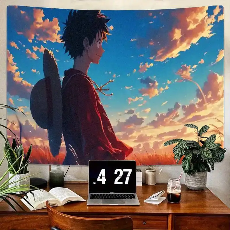 

1 шт., персонаж в стиле аниме с колючими черными волосами, красная куртка, гобелен, яркое небо, золотисто-розовый декор в виде облаков, настенное искусство из полиэстера для