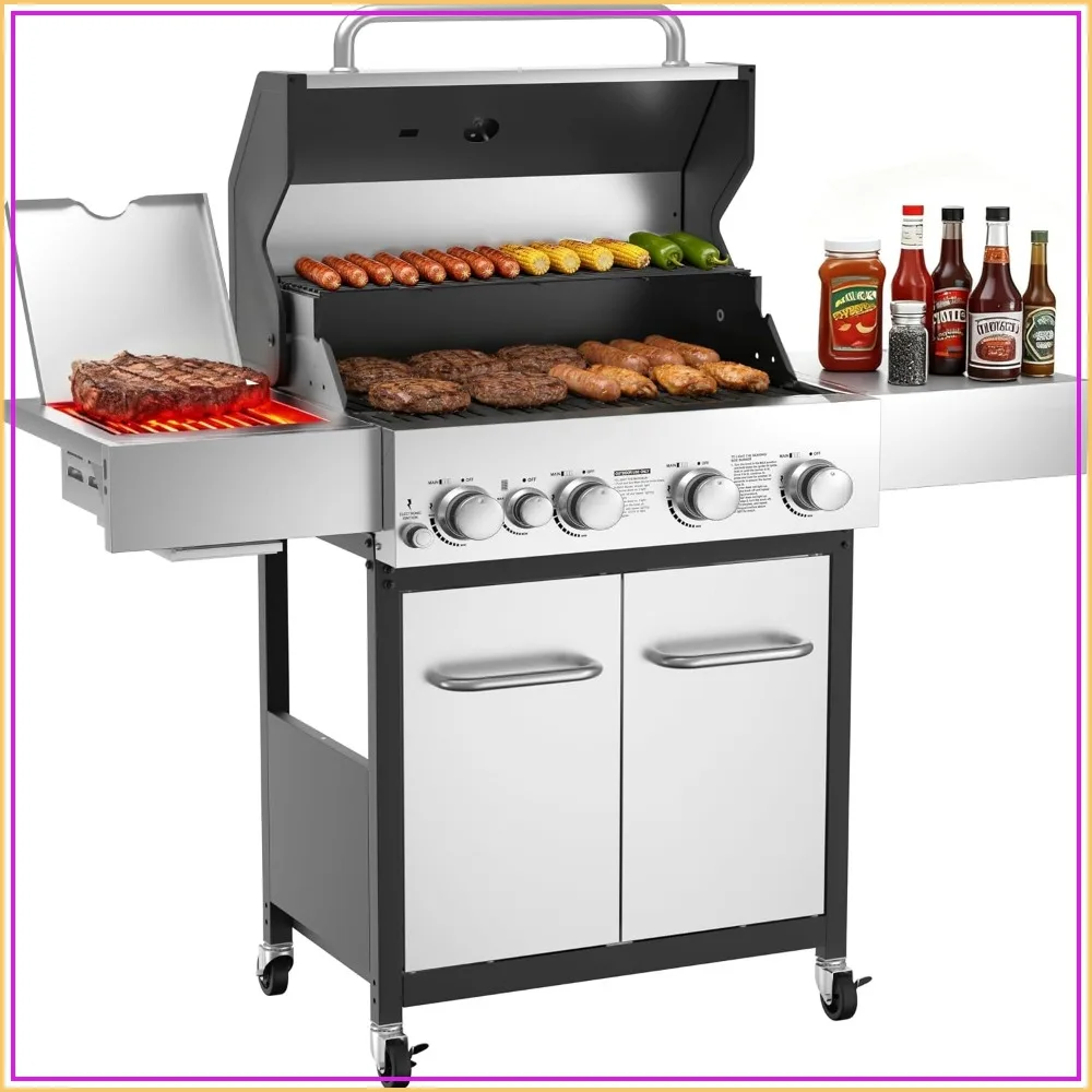 4 Burner Gas Grill with 1 Infrared Side Burner & Steel Grates