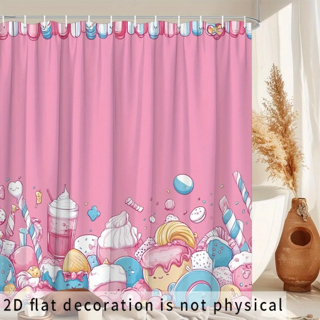 Pink Sweet Dessert Shower Curtain, Cute Candy Donut Pattern Waterproof Bath Curtain, Kawaii Bakery Decor for Girls Bathroom Kids