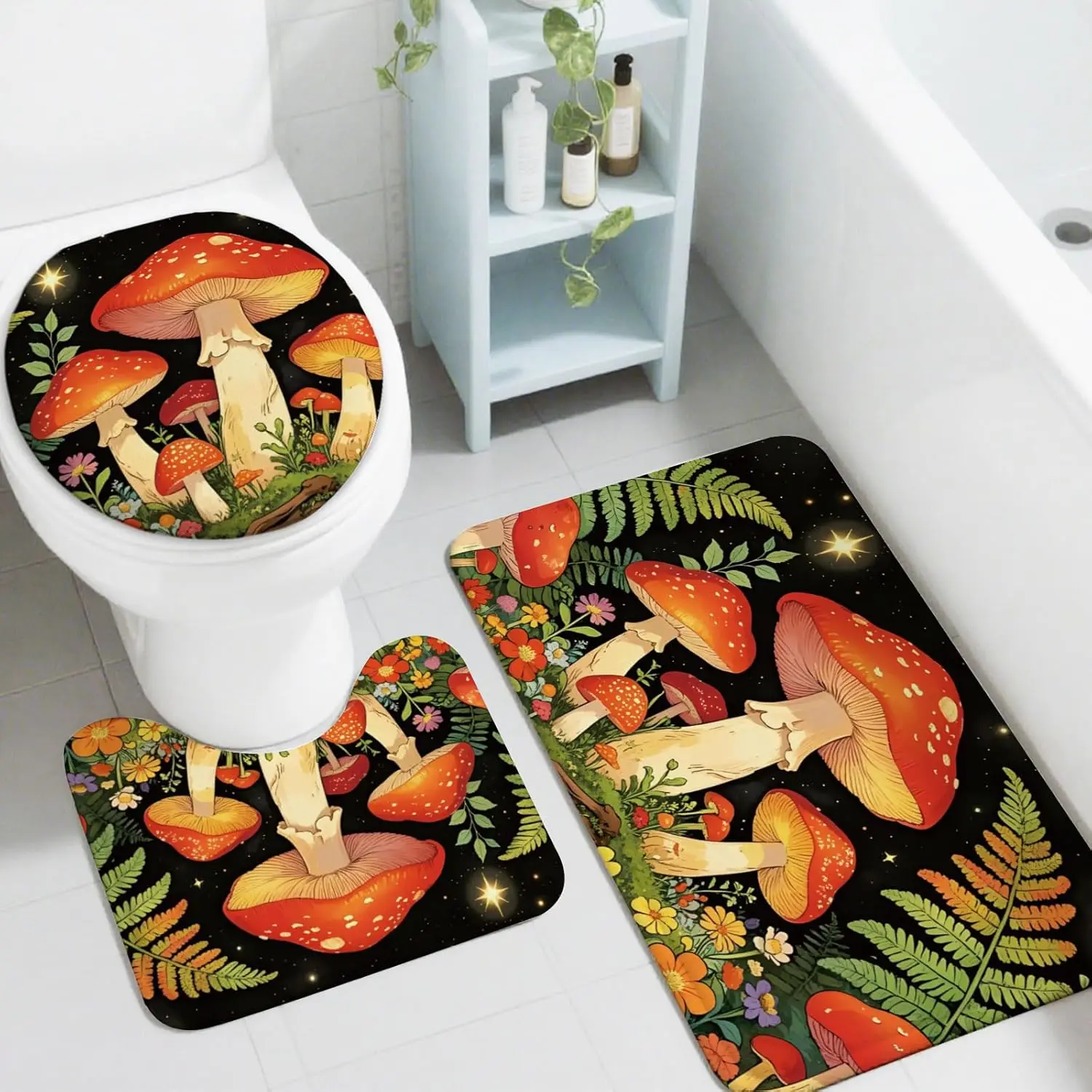 Mushroom Bath Mat Set – Forest Fungi 3-Piece Rug for Bathroom, Toilet Lid Cover & U-Shaped Pad, Non-Slip Washable
