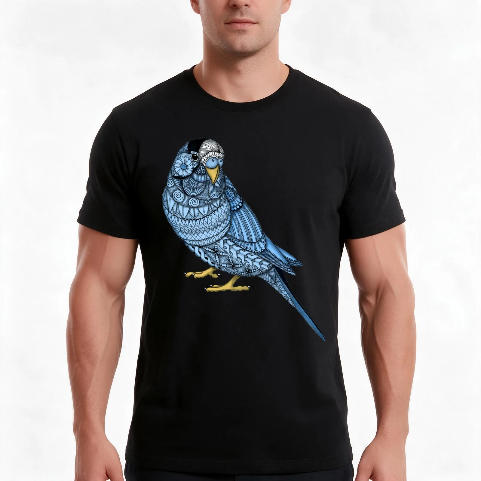 Parakeet - Blue T-Shirt, Summer Casual Cotton Tee, Oversized Streetwear Tops, Vintage Graphic Print, Loose Fit Short Sleeve