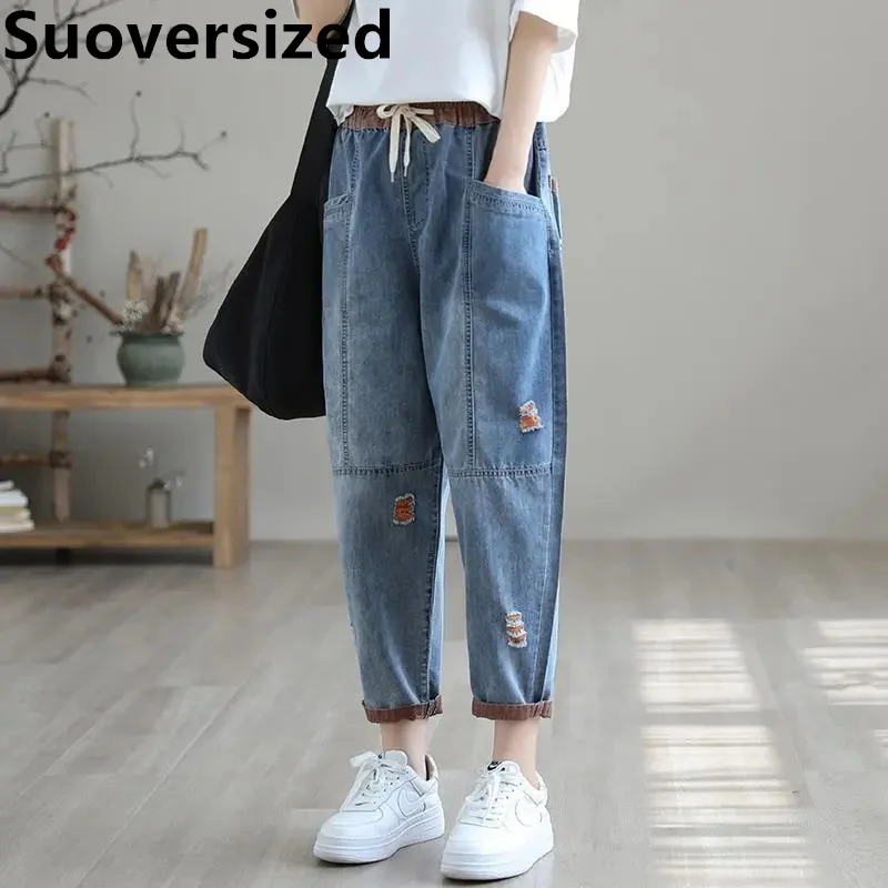 Calça jeans feminina com harém rasgada, calça jeans larga coreana, design até o tornozelo, calça com renda, streetwear casual, nova