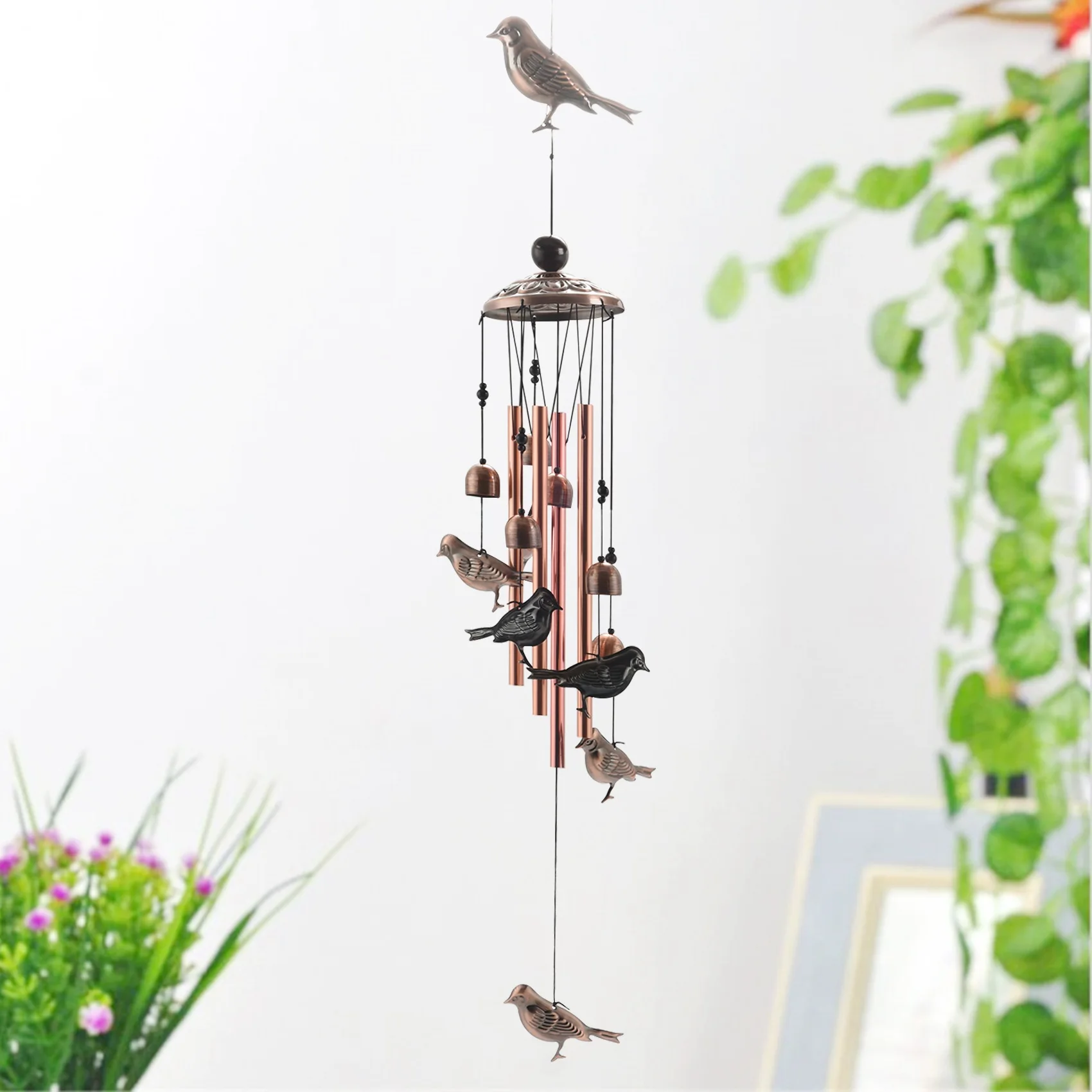 Bird Wind Chimes Waterproof Metal Wind Bells with 4 Aluminum Tubes 6 Bells Romantic Wind Chime for Home