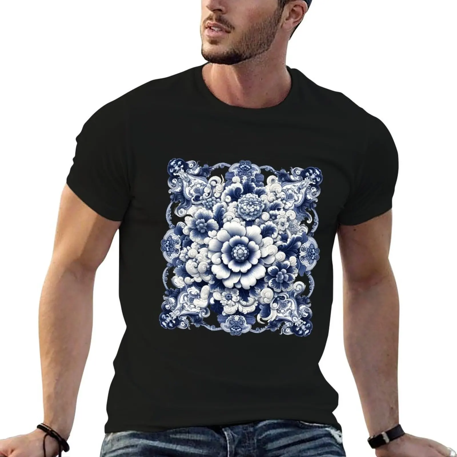 blue porcelain pattern T-Shirt Work Style Casual T-Shirt