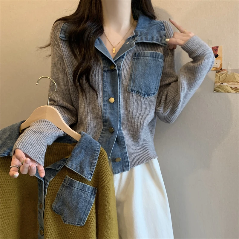 Women\'s Knitting Sweater Cardigans Korean Style Autumn Winter Denim Patchwork Polo Collar Long Sleeve Knitted Office Lady Tops