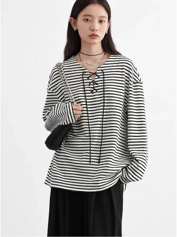 CHIC VEN Women T-Shirts Loose New Contrasting Striped Lace Up Long Sleeved Tees Versatile Casual Female Top Spring Autumn 2024