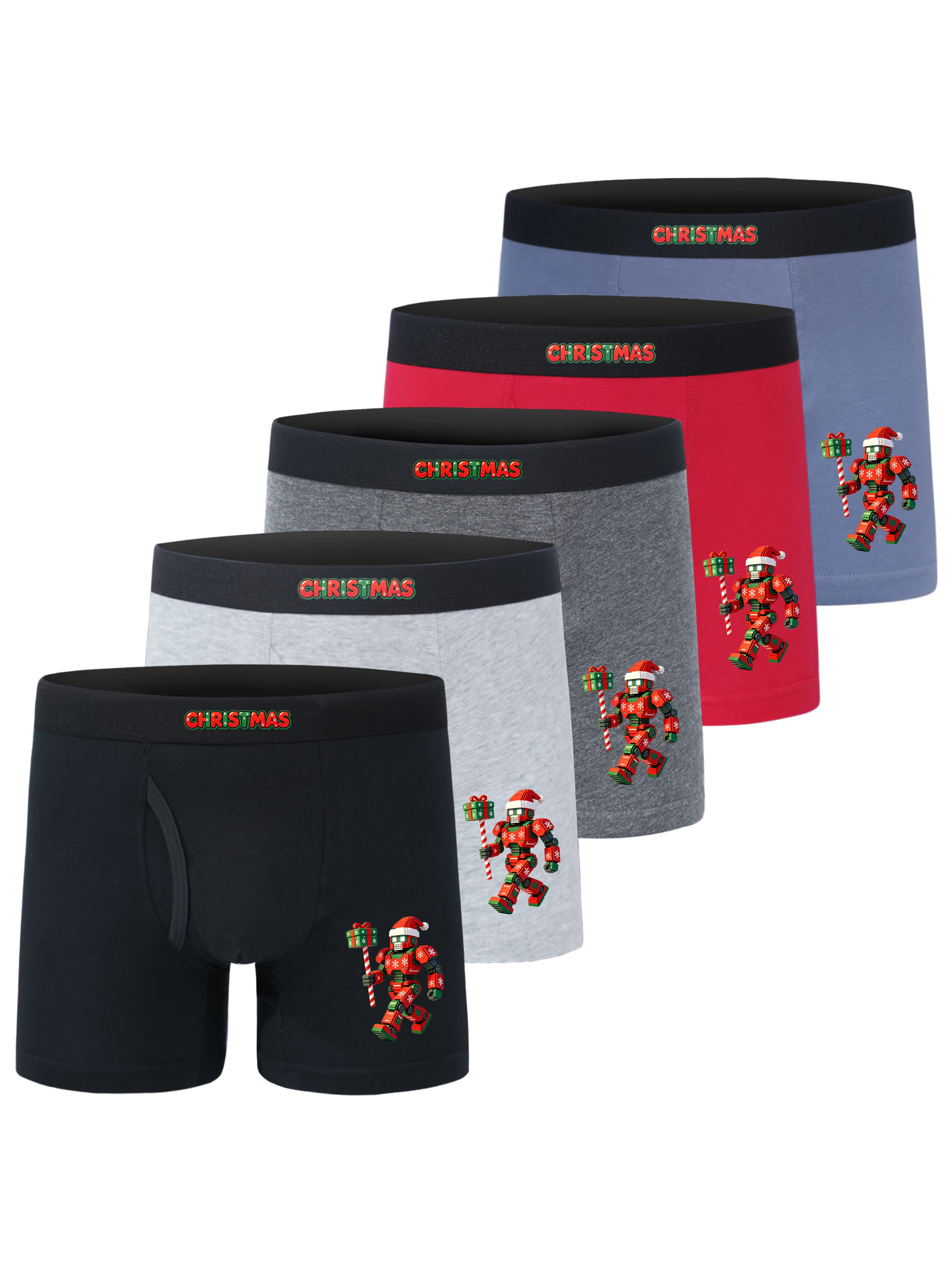5 Pack Boys Cotton Boxer Briefs Open Fly Christmas Building Block Robot With Santa Hat Gift Candy Cane & CHRISTMAS Letter Printe