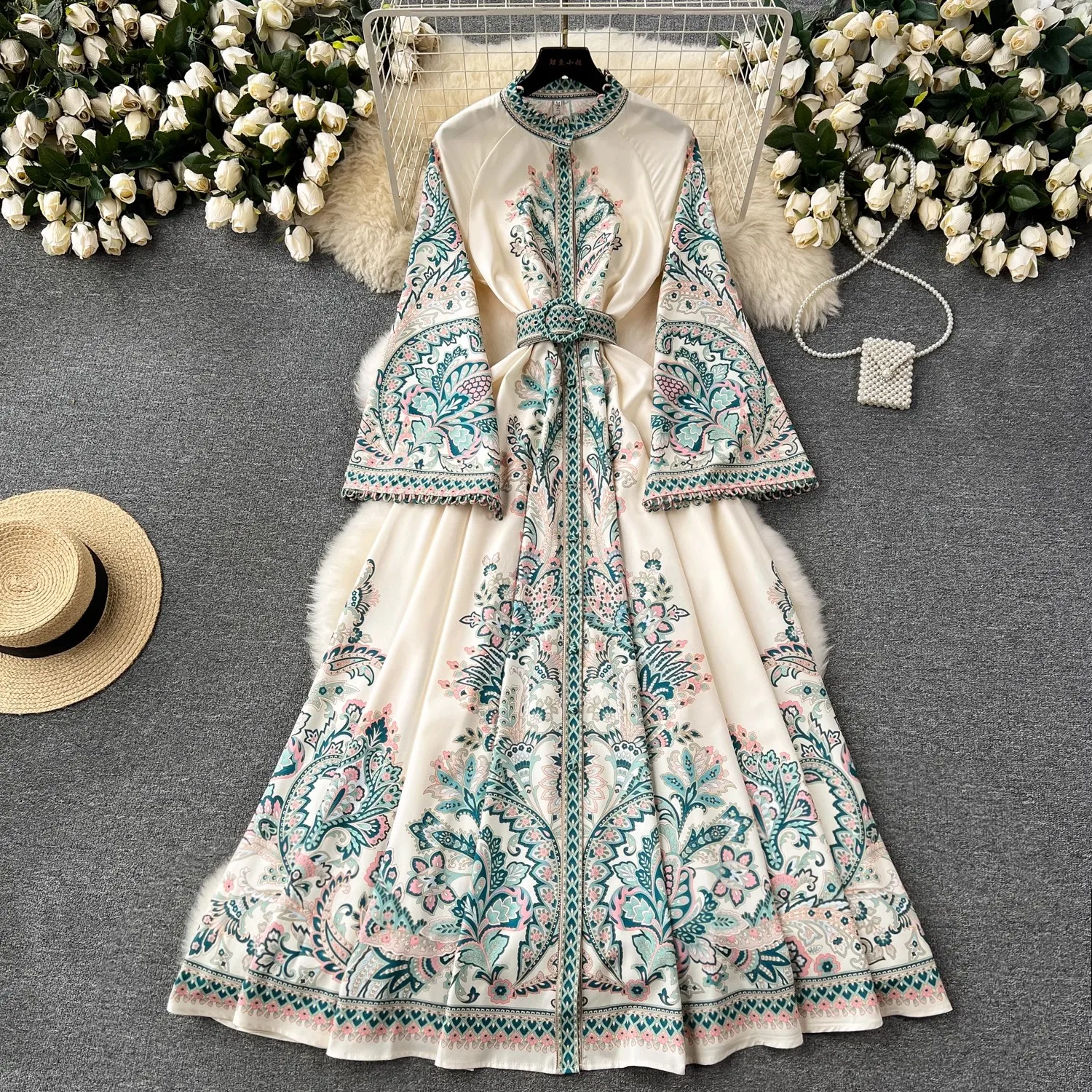 Autumn Fashion Paisley Maxi Dress Female Lantern Sleeve Stand Bohemian Single Breasted Slim Waistband Belt Vintage Print Robe