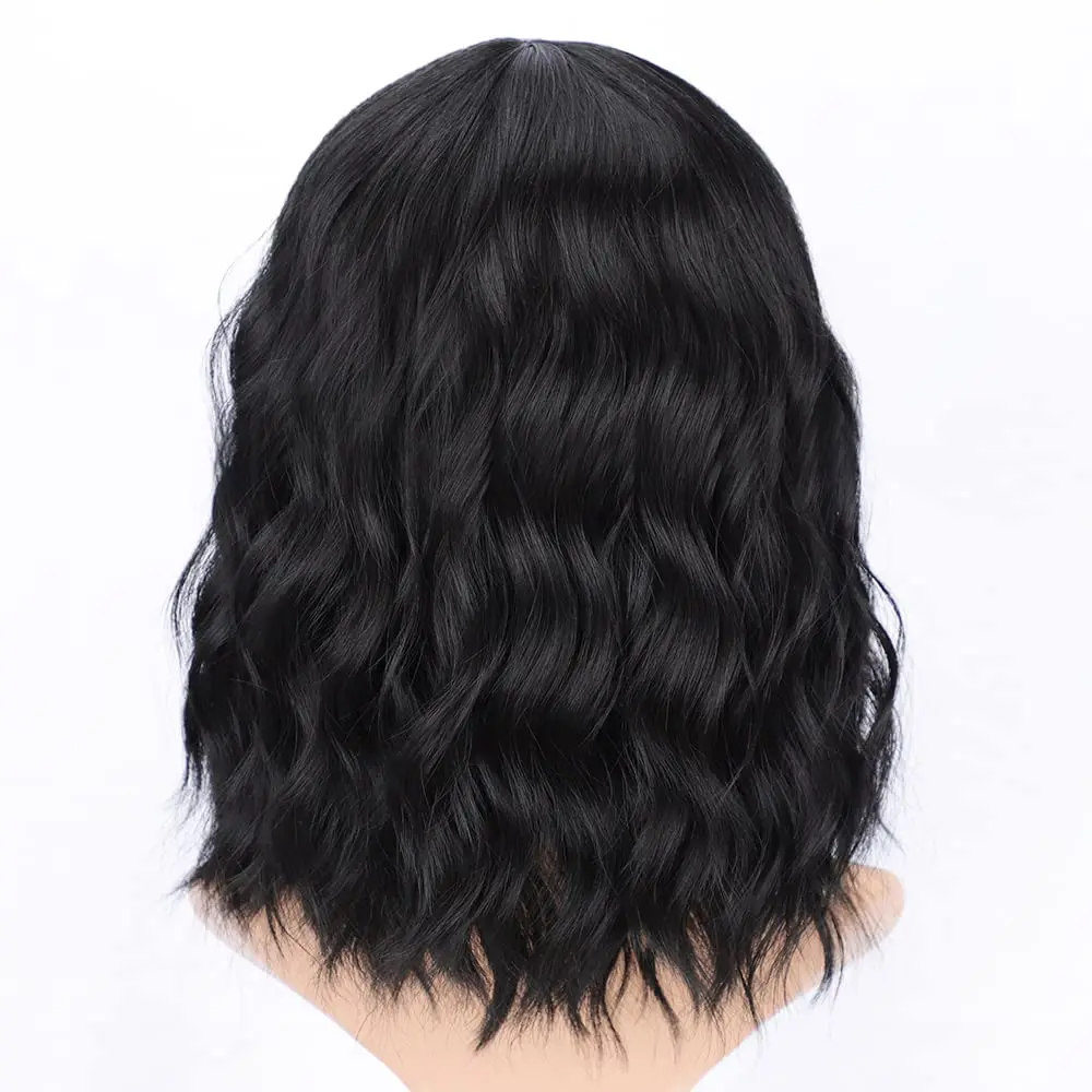 Synthetic Bob Wig with Bangs Short Wavy Black Wigs for Women Bob Style Synthetic Heat Resistant for Daily Use