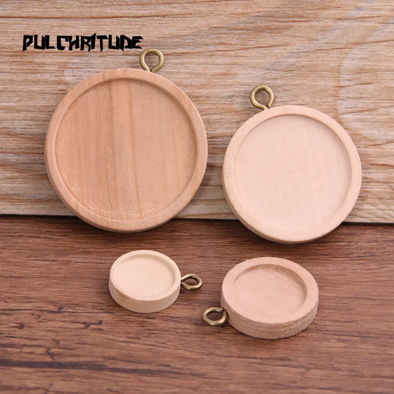 6pcs 12/15/25/30mm Inner Size Wood Color Round Wood Cabochon Base Setting Charms Pendant Necklace Findings