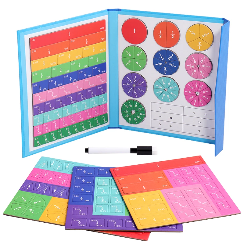 Math Mastery Montessori Magnetic Fraction Puzzles Colorful Wooden Book for Children Arithmetic Learning Teaching Aids