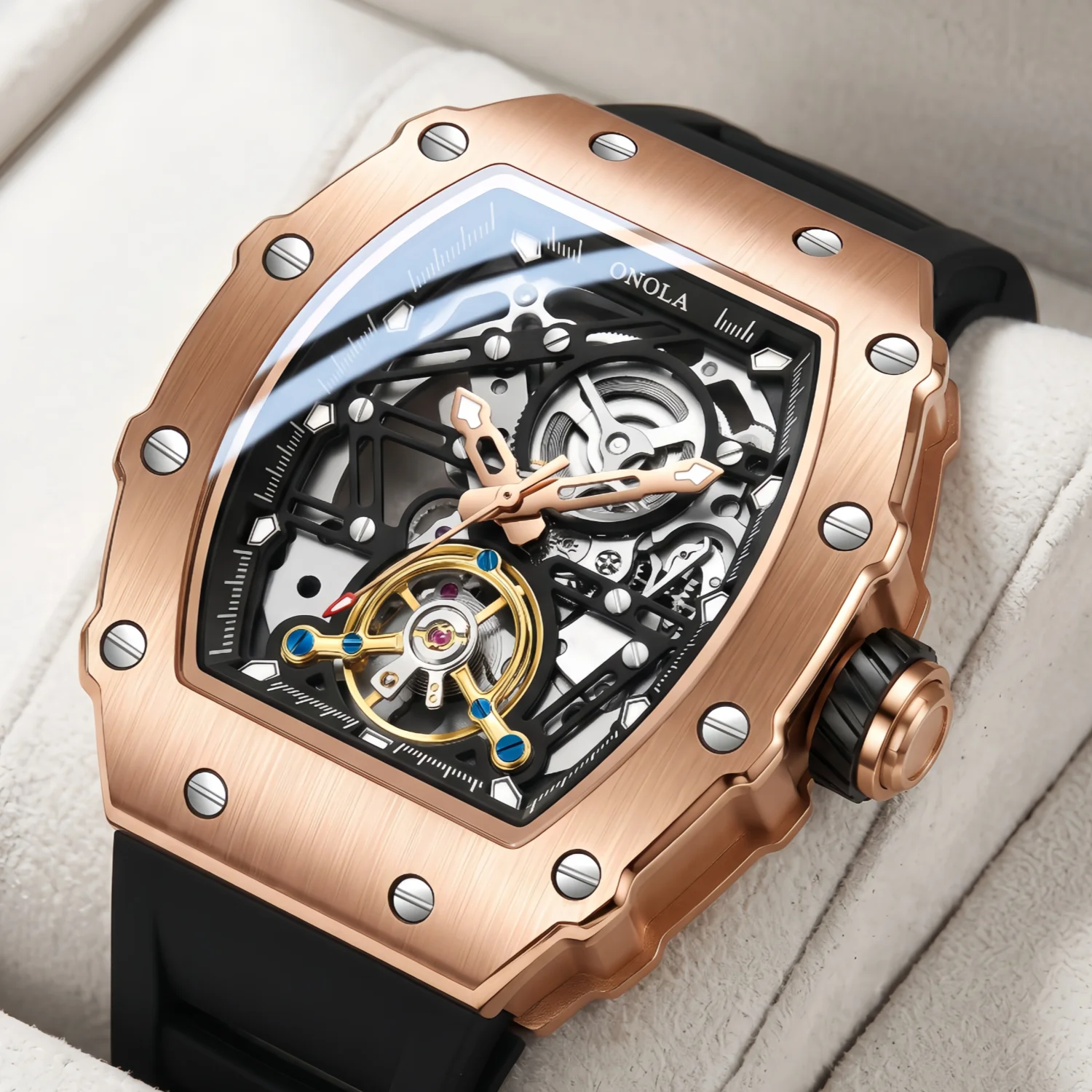 ONOLA Men's Mechanical Watch Skeleton Hollow Dial Fashion Sports Hip Hop Watch, Suitable for Boyfriend Husband Outdoor Daily Gif