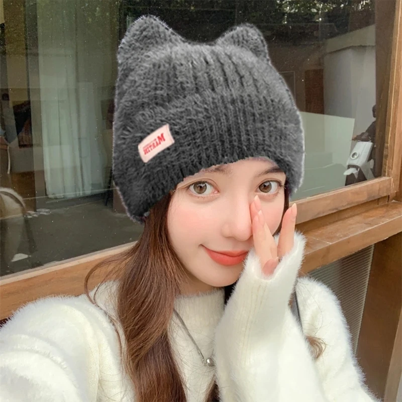 Knit Cat Ear Hat Soft Beanie Funny Pullover Hat Women Outdoor Activity for Teens Adult Cold Weather Windproof Hat Headdress