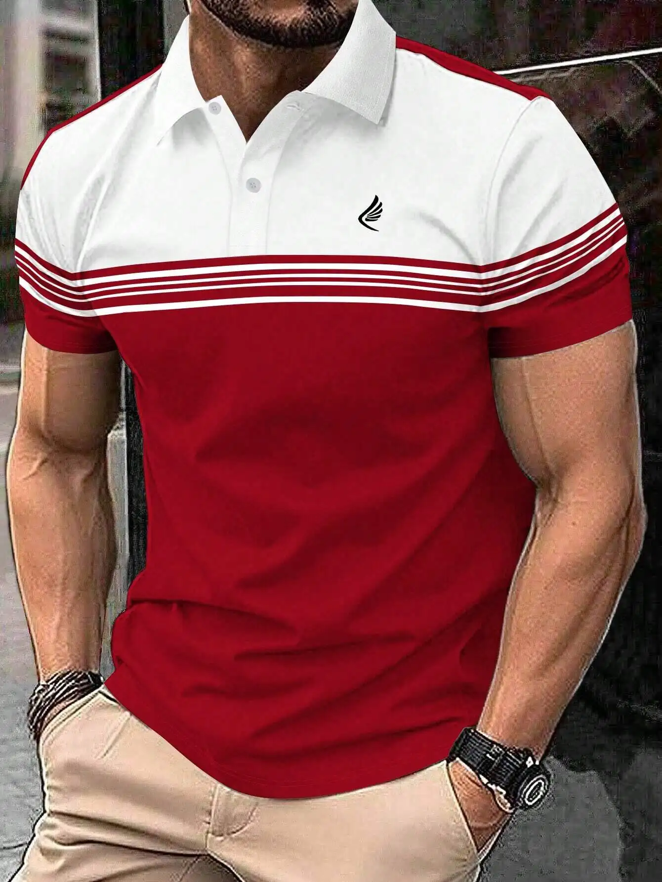 

Мужская поло-рубашка с коротким рукавом, красно-белая, в полоску, для повседневной летней носки