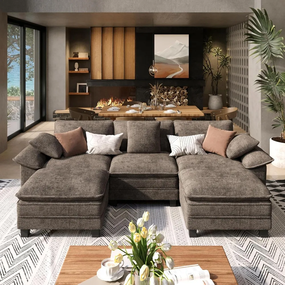 

U Shaped Modular Cloud Couch, 123.6'' Comfy Chenille Sectional Sofa with Wider Armrest and Ottoman, Upholstered, Customized