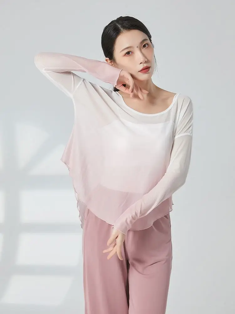 Gauze Top Sheer Flowy Body Rhyme Stretch Mesh blus gradien Split Folk Dancer kemeja lengan panjang 2 warna pakaian dasar