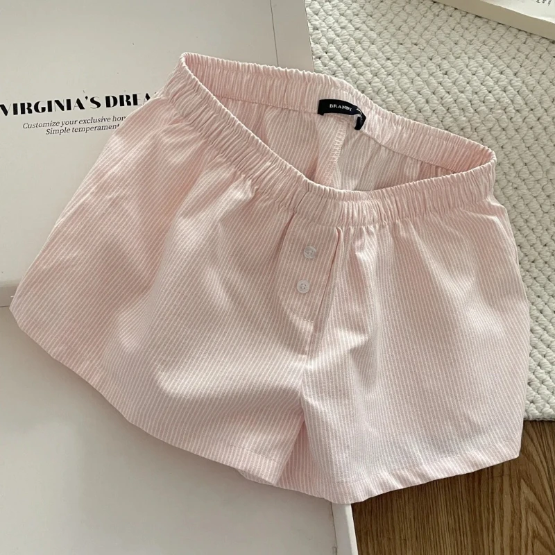 Casual Cloud Cotton Pink White Striped Pajamas for Women with Chest Pads Suspender Shorts Set Pajamas Пижама Женская