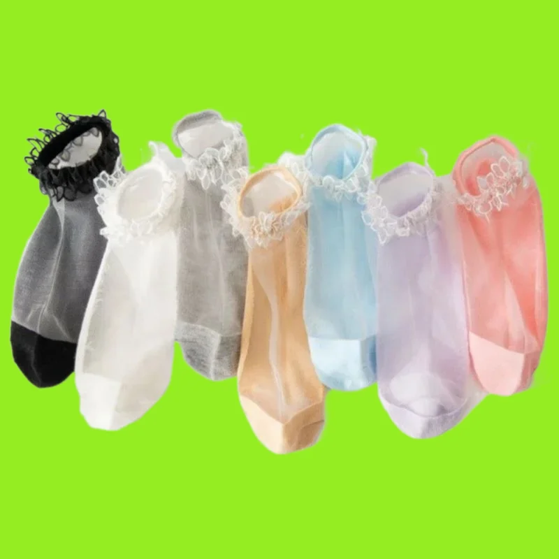 

5/10 Pairs High Quality Lace Thin Socks Casual Card Silk Short Socks Glass Silk Short Socks Children's Lace Crystal Summer Socks