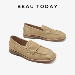 BEAUTODAY Flat Loafers Women Sheep Suede Women Suqare Toe Solid Color Slip-on 2023 Classic Autumn Ladies Shoes Handmade 26165