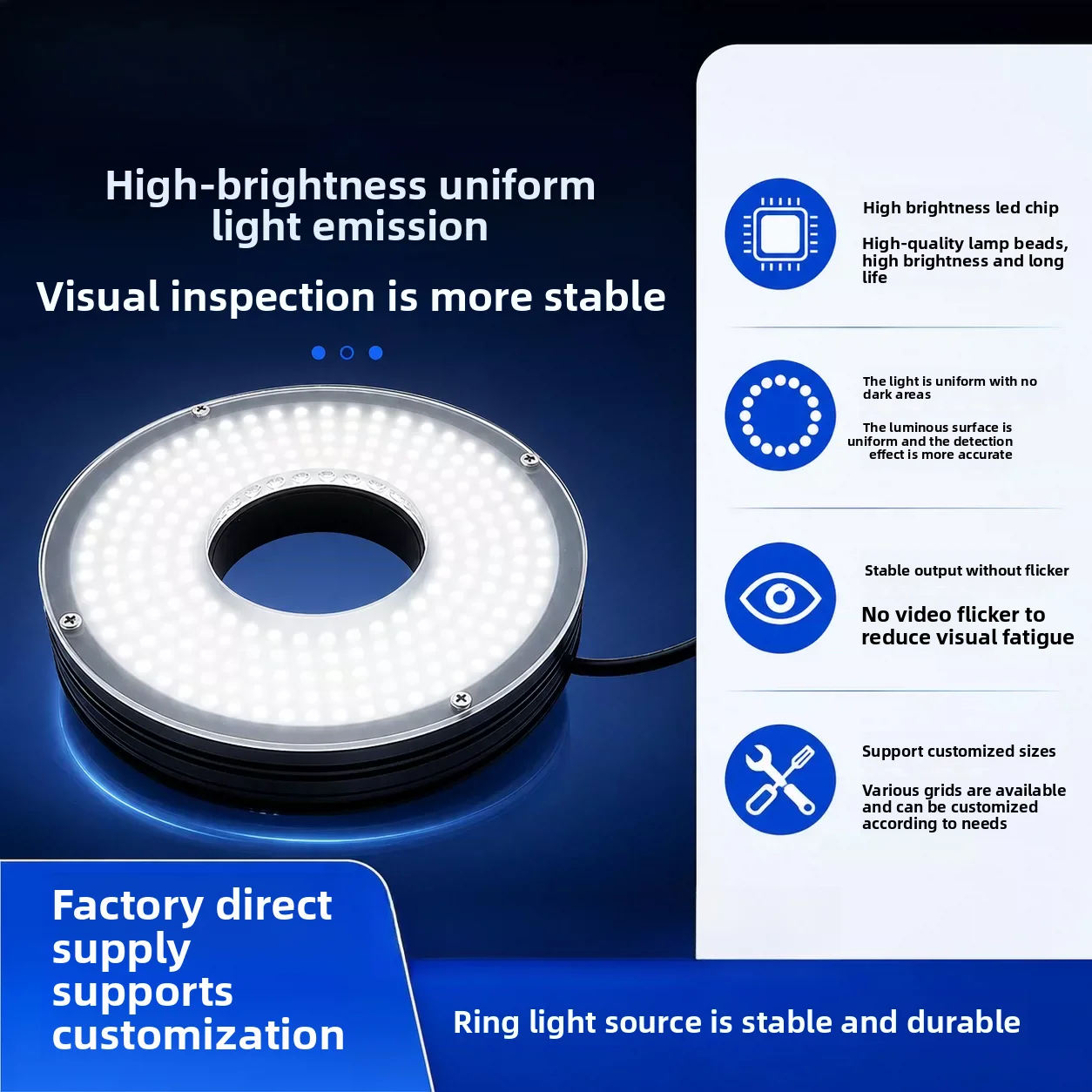 90° Direct Ring Light for Machine Vision – High Brightness Uniform LED Illuminator for CCD Camera Inspection, Customizable