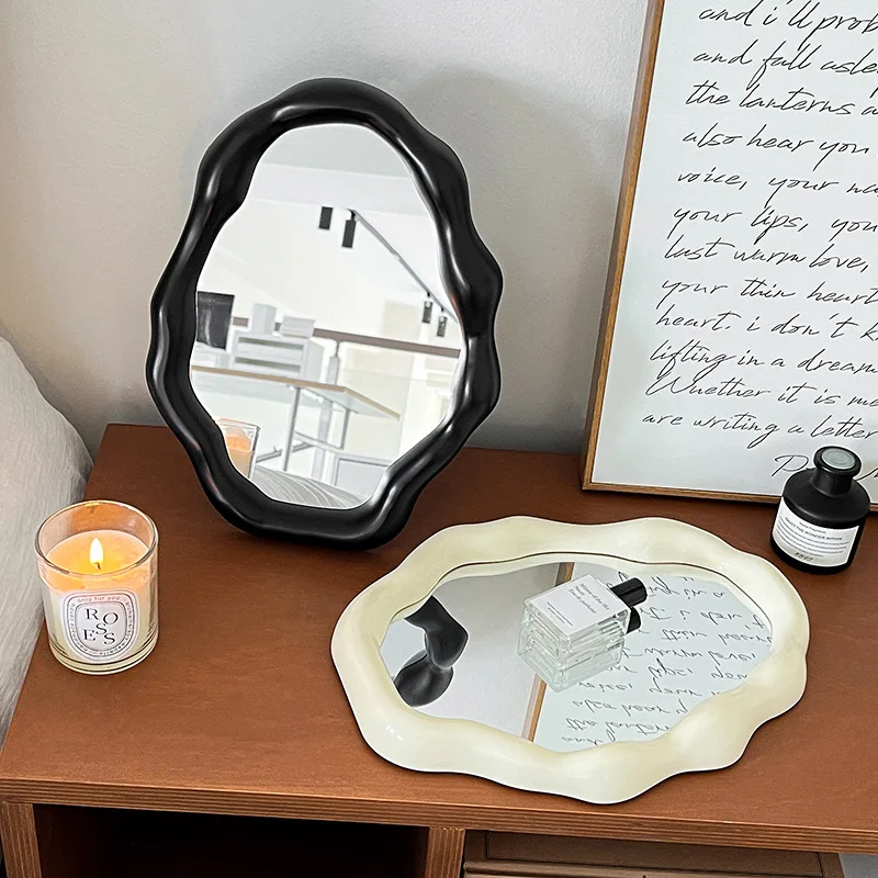 

Electroplate Mirror Figurines Silver Mirror Desktop Makeup Mirror for Bathroom Living Room Study Home Decor