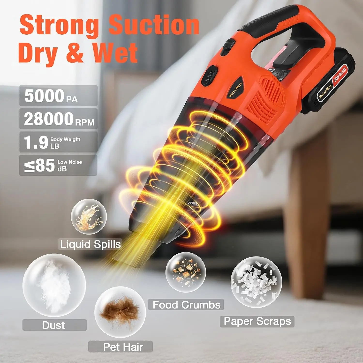 Portable Handheld Vacuum Cleaner with Cordless Operation and 20V Rechargeable Battery