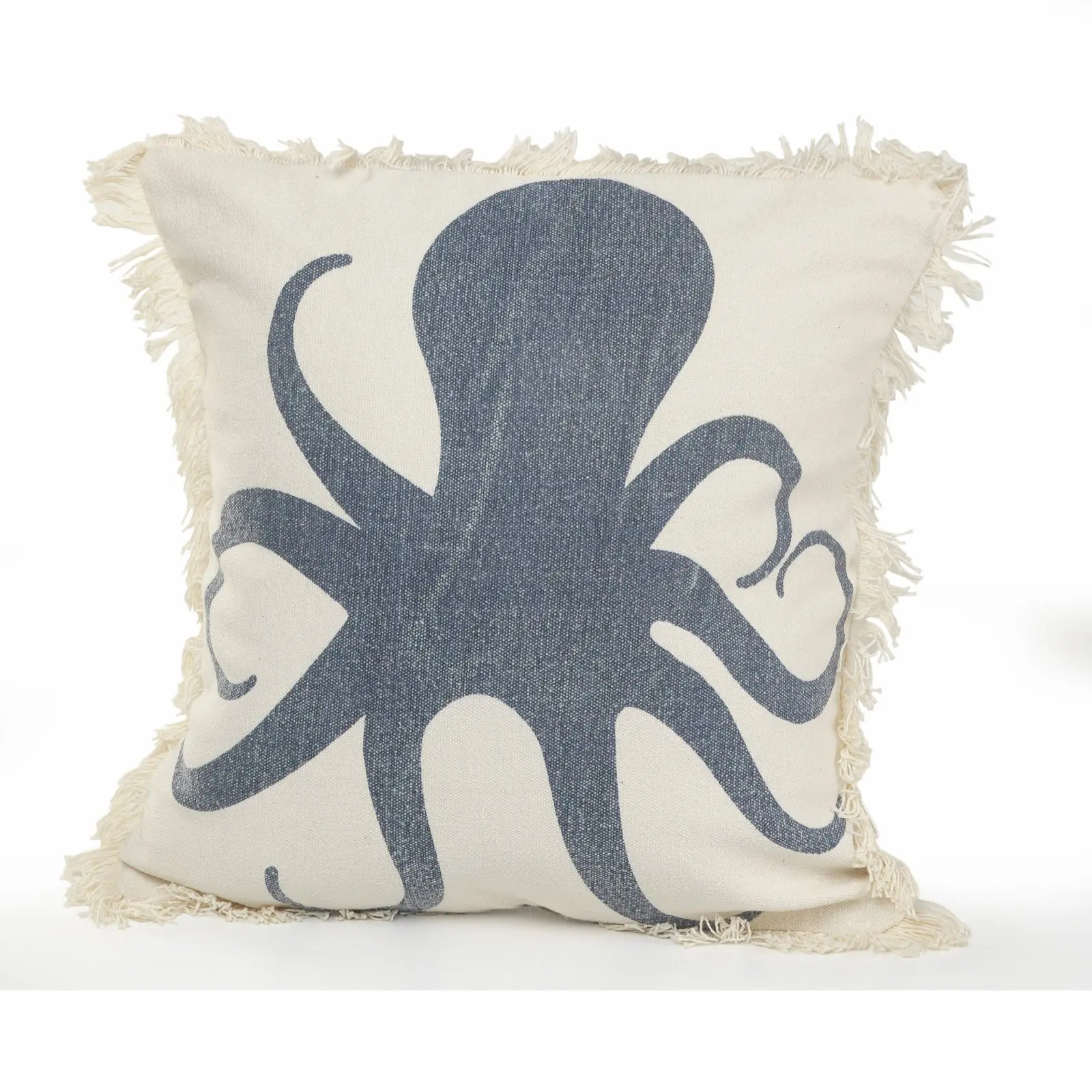 

White and blue octopus fringed cotton decorative throw pillow for adults 18 inches square