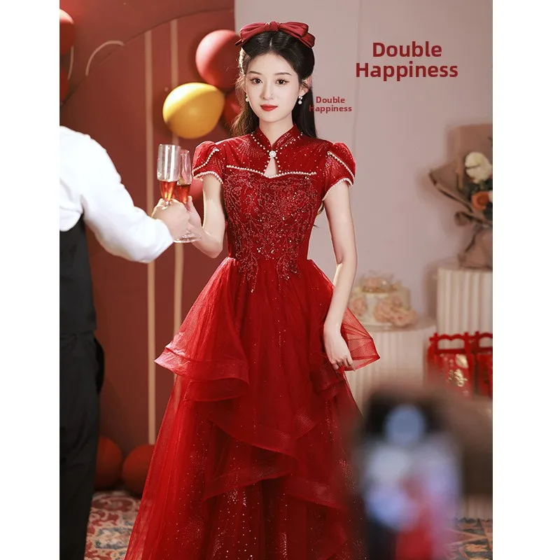 

Красное свадебное платье для церемонии помолвки, женское, новое, роскошное, китайское, на заказ, для невесты