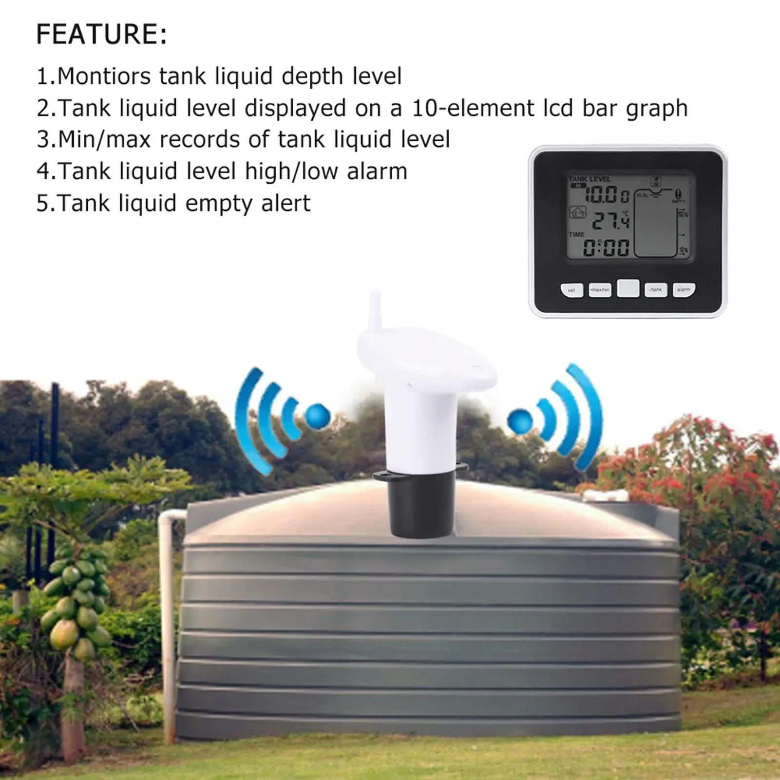 Sensor Level ultrasonik LCD 0-15m, pengukur kedalaman tangki air dengan tampilan temperatur-Monitor kedalaman cairan