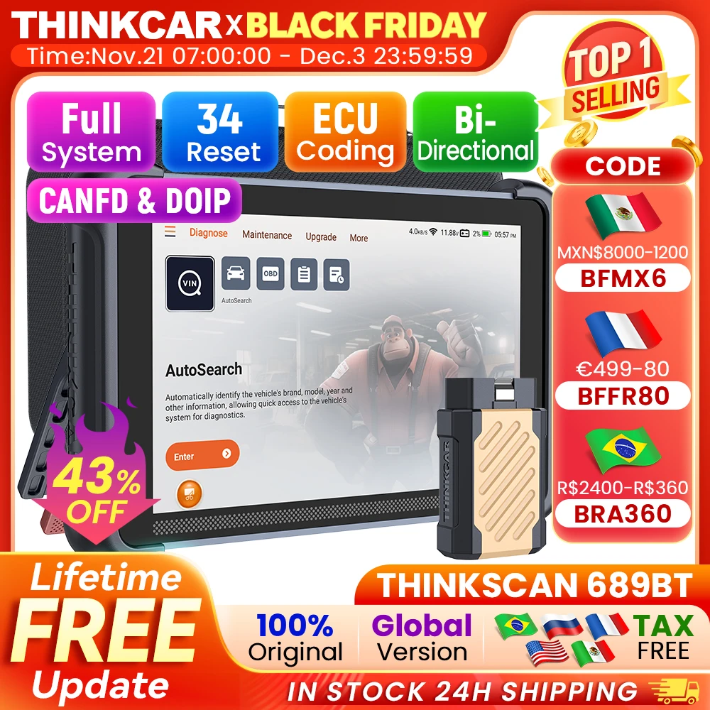 THINKCAR THINKSCAN 689BT Professional Car Diagnostic Tool CANFD DOIP Bi-directional ECU Coding 34 Reset Full System Obd2 Scanner