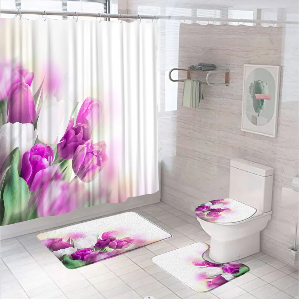 Watercolor Tulip Floral Shower Curtain Sets Non-Slip Carpet Rug Toilet Cover Bath Mat Pink Flowers Art Fabric Bathroom Curtains