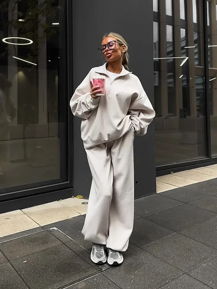 المرأة عادية الصلبة التلبيب الأعلى بدل رجالي موضة سحاب أكمام طويلة فضفاض البلوز الرباط السراويل سيدة 2025 ملابس رياضية جديد #4