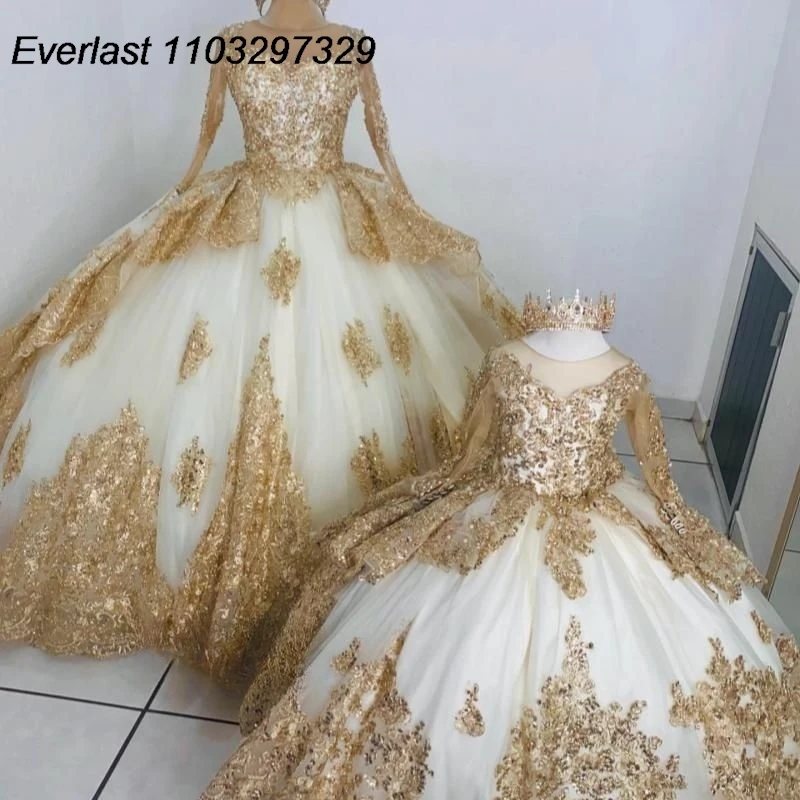 EVLAST Customized Quinceanera Dress Ball Gown Shiny Gold Lace Applique Beading Mexican Sweet 16 Vestidos De XV 15 Anos TQD690