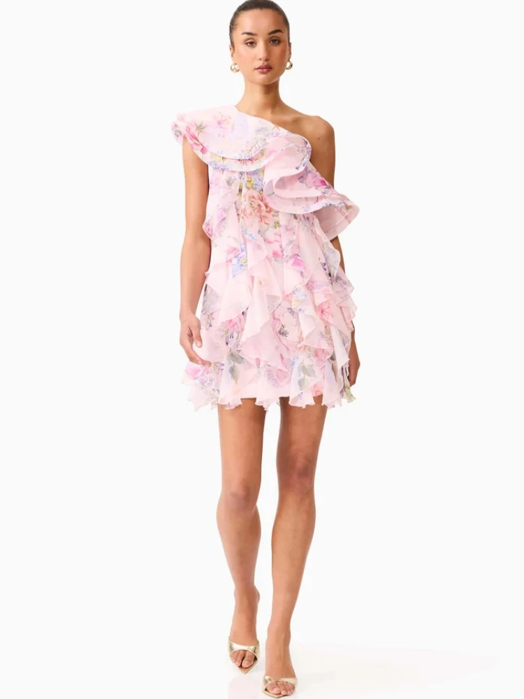 Sexy Floral Printed One Shoulder Ruffles Patchwork Mini Dress Women Pink Sleeveless Slanted Collar Slim Evening Party Dresses