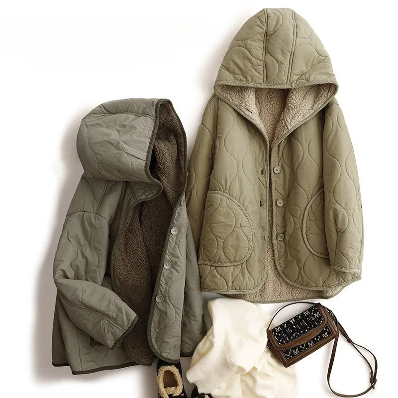 

Зимняя утолщенная куртка из овечьей кожи с капюшоном и персонализированным карманом, морозостойкая куртка на хлопковой подкладке, свободное повседневное флисовое пальто