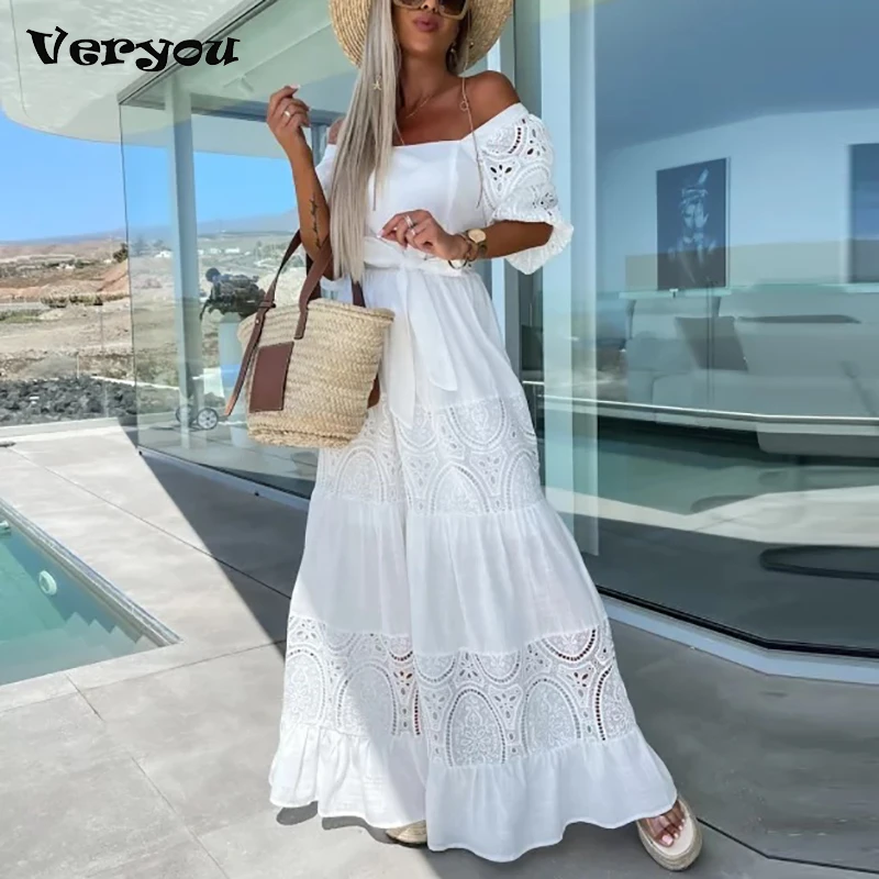 

Retro Loose Dress Women Spring Maxi Dress Female Square Collar Lace Patchwork Long Dress Ladies Hollow Tie-Up Ruched Dress