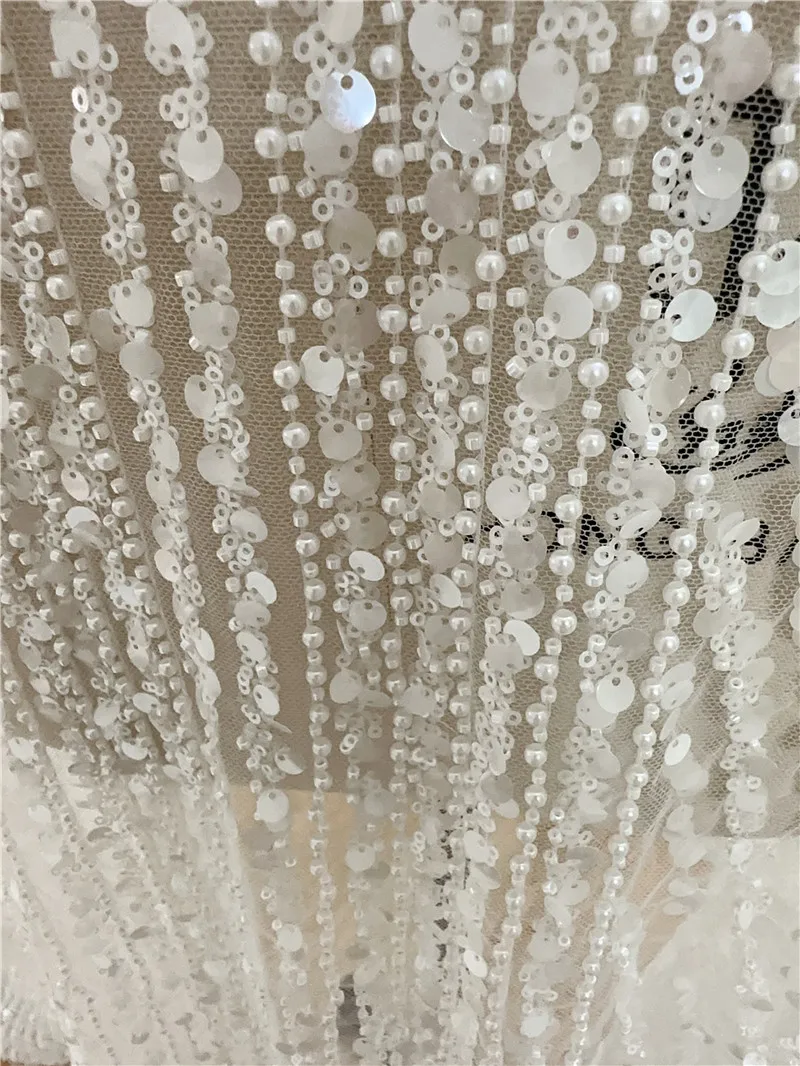 2024 New Style White Gorgeous Strip Unique Style Fashion High Quality Pearl Bead Sequins Wedding Dress Gown Lace Fabric