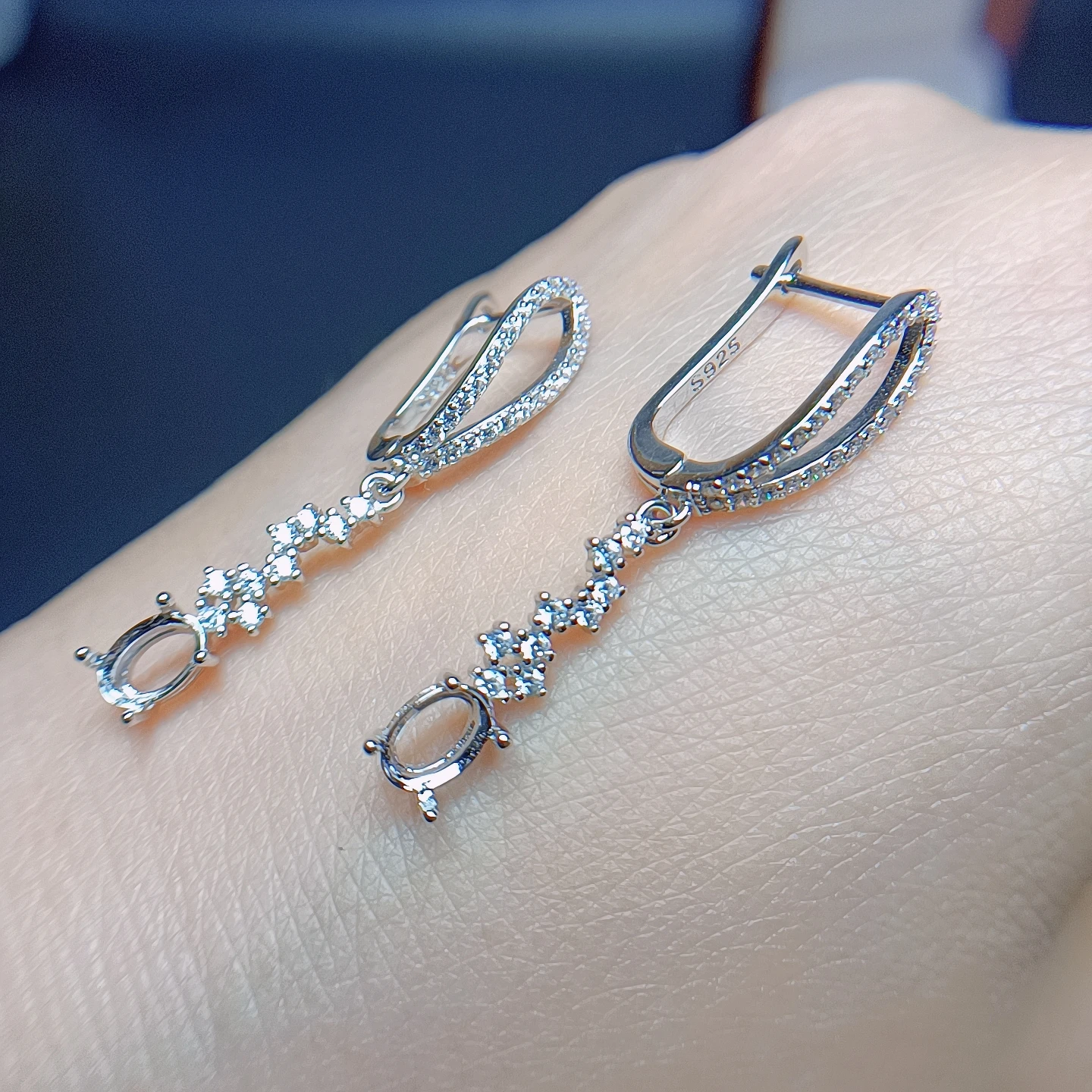 S925 Sterling Silver Inlay 4*6mm Oval Gem Bow Earrings for Women Empty Support DIY Holder Fine Weddings Jewelry Accessory