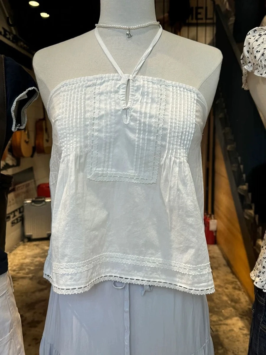 女性用の白いスクエアネックホルターストラップキャミソール、コットンレーストリム、ノースリーブベスト、甘いヴィンテージシックなタンクトップ、y2k、かわいい、新しい、夏
