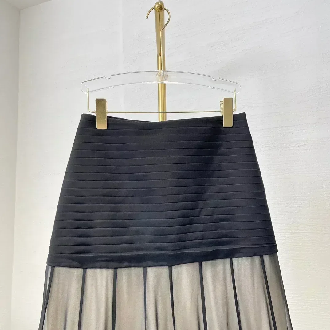 

Waist Ruched Cascading Skirt for Women Elegant Pure Silk Pleats Design New High Quality Black High
