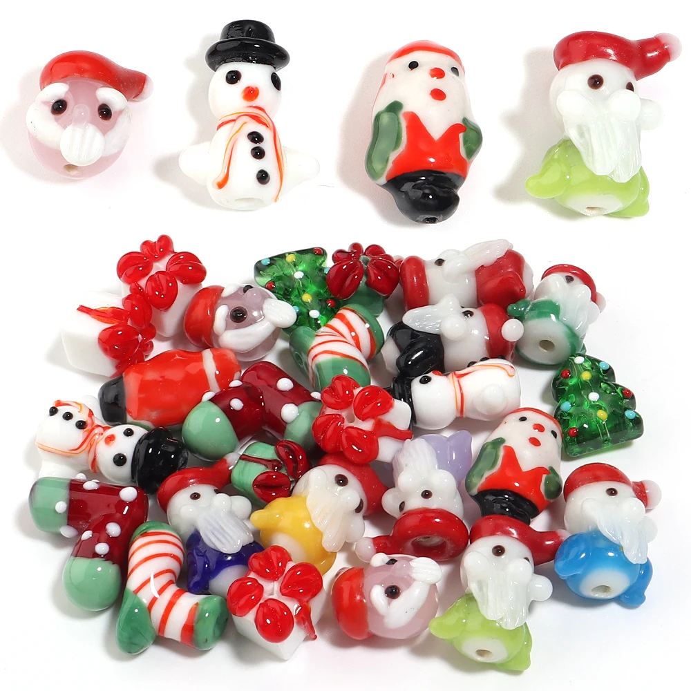 2pcs Christmas Theme Lampwork Glass Beads Santa Snowman Xmas Tree Gift Sock Shape Spacer Beads DIY Jewelry Bracelet Necklace