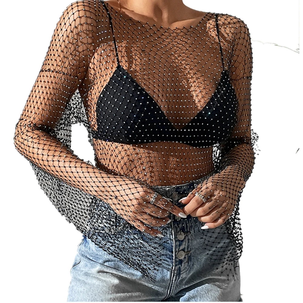 

Sexy Shiny Top Hollow Out See-through Clothes Summer Explosive Models Grid Flash Diamond Women's T-shirt Tops