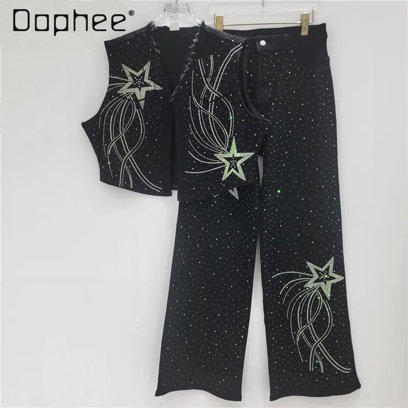 

European American Heavy-duty Rhinestone Cartoon Print Denim Vest Top + Elastic High-waisted Denim Pants Fashion Set New Spring