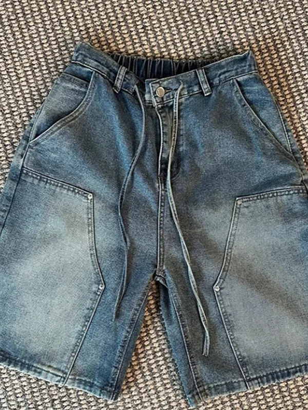 Trendy Vintage Loose Fit Five Inch Short Jeans Men's Summer Thin Wide Leg Straight Cut mid Waist Youth Casual Pure Color
