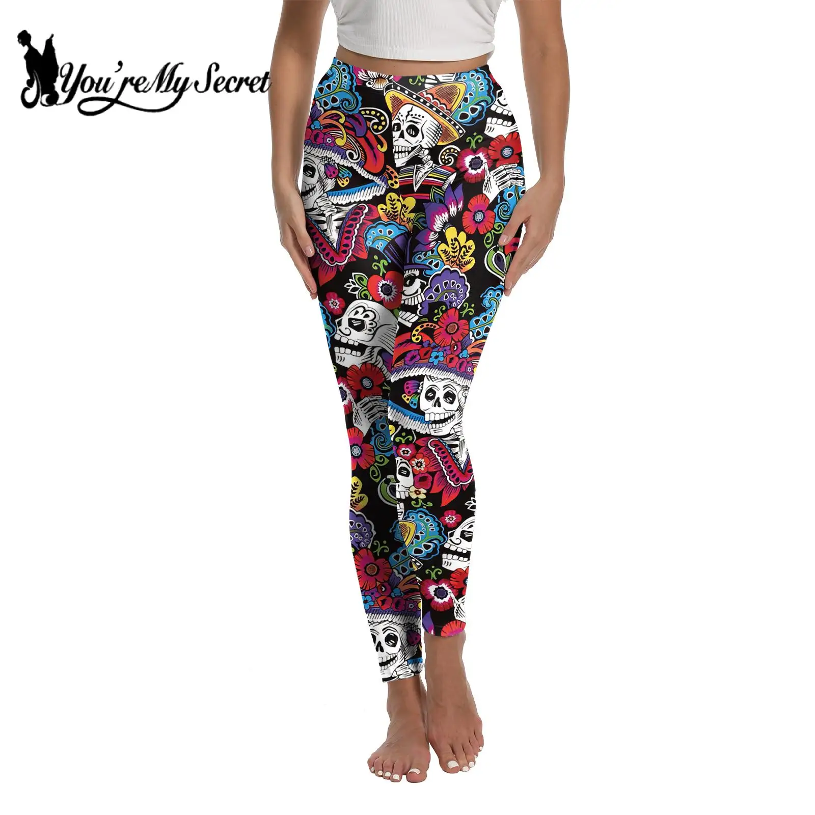 [You\'re My Secret] Women\'s Leggings Halloween Day of The Dead Skull Rose 3D Print Pants Skinny Stretchy Elastic Workout Trousers