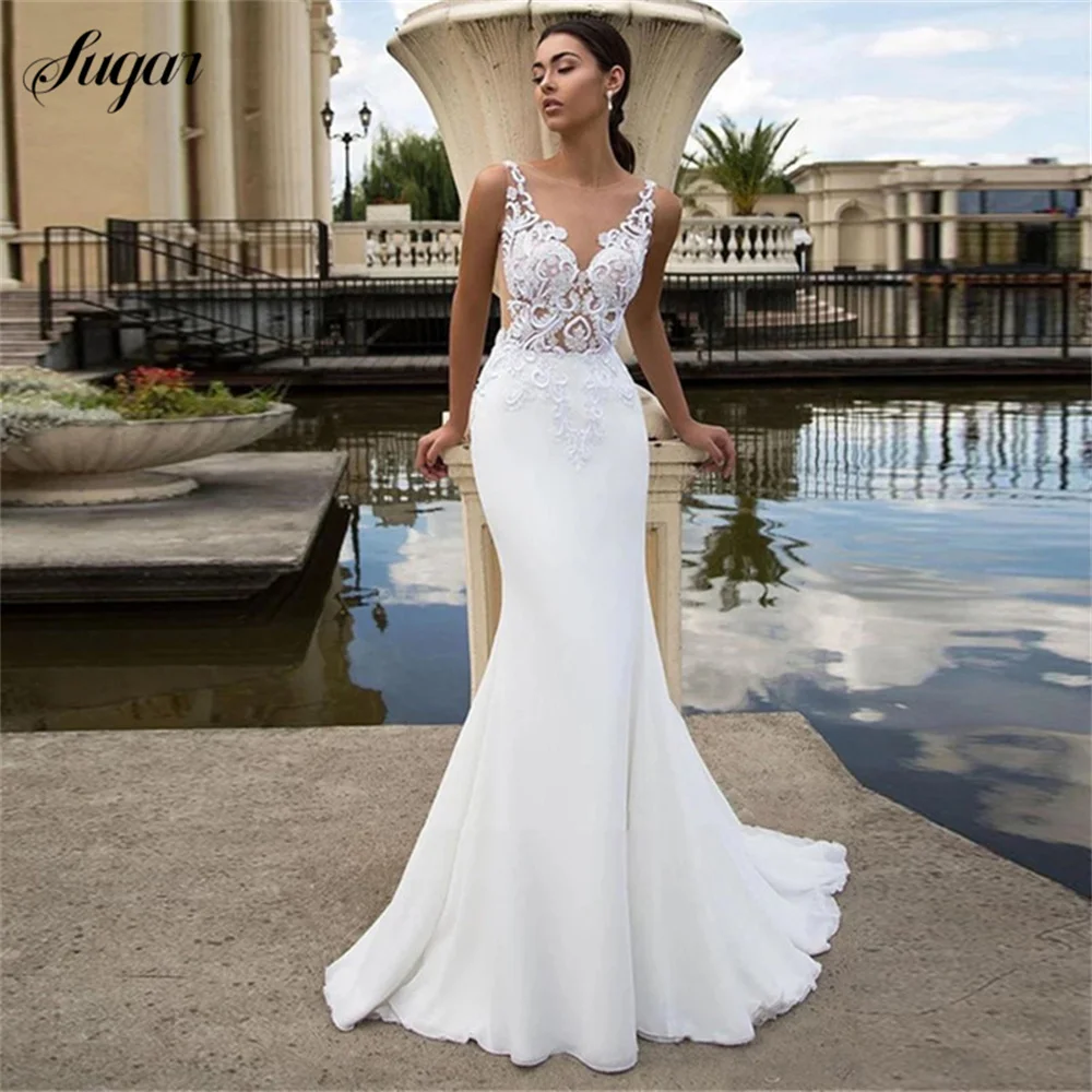 Elegant Mermaid Wedding Dresses 2023 Sheer O-Neck Sleeveless Lace Appliques Sweep Train Chiffon Bridal Gown With Button Back