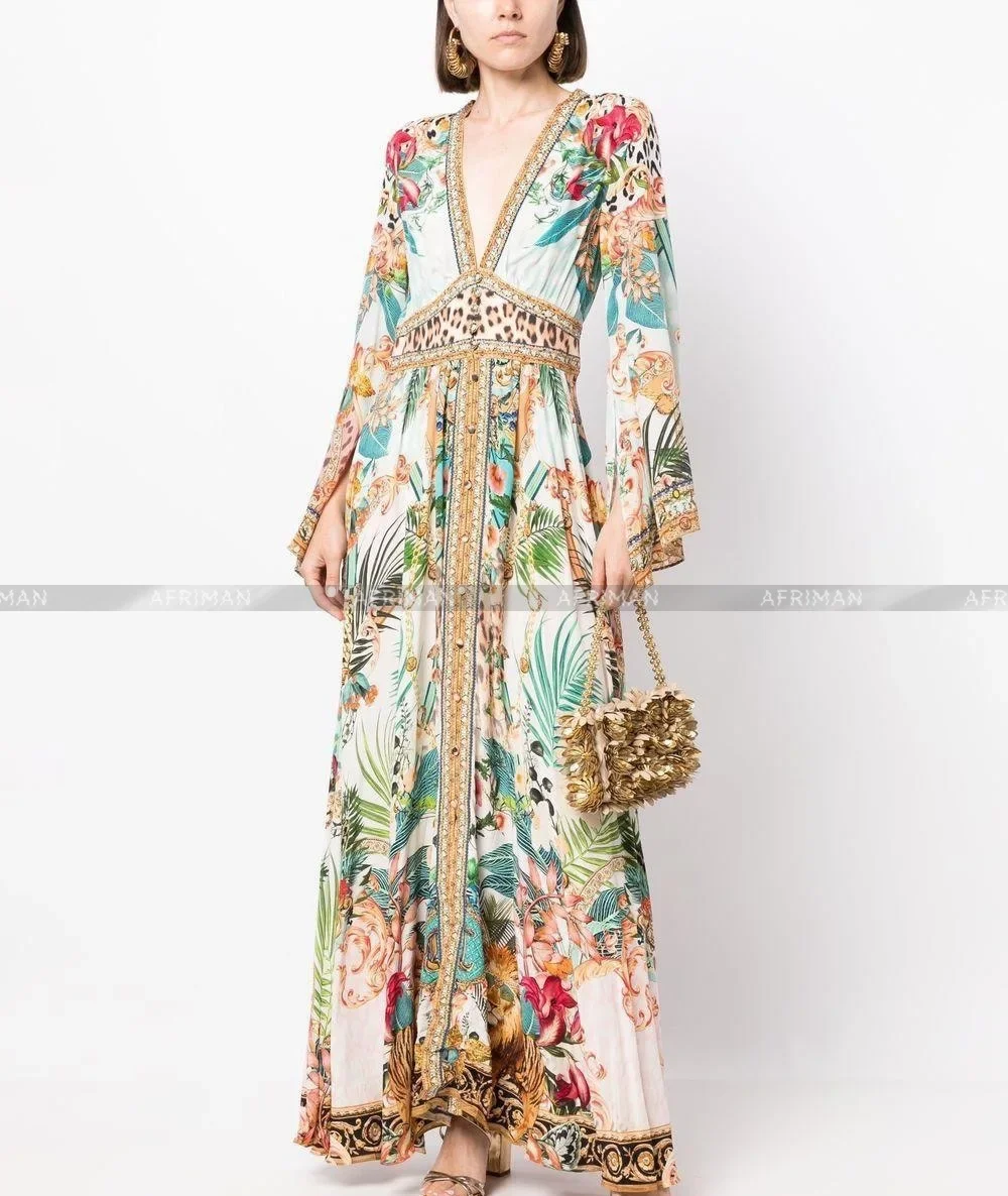 2024 New V Neck Retro Animal and Flower Print Heavy Beaded Flare Sleeve Women 100% Silk Maxi Dress