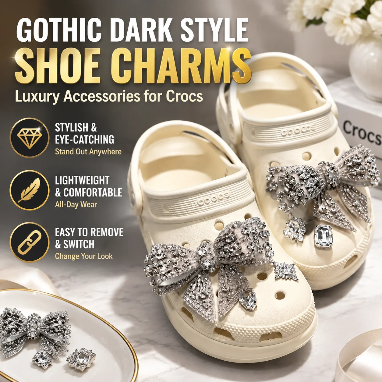 Gothic Dark Style Alloy Shoe Charms Heavy Craft Removable Lightweight Shoe Clips Compatible with Crocs Luxury Accessories