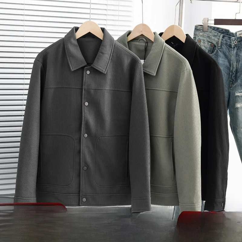 

Textured Plain Fashionable Retro Workwear Casual Jacket for Men Spring Season Long Sleeve Standard Fit Youth Garment